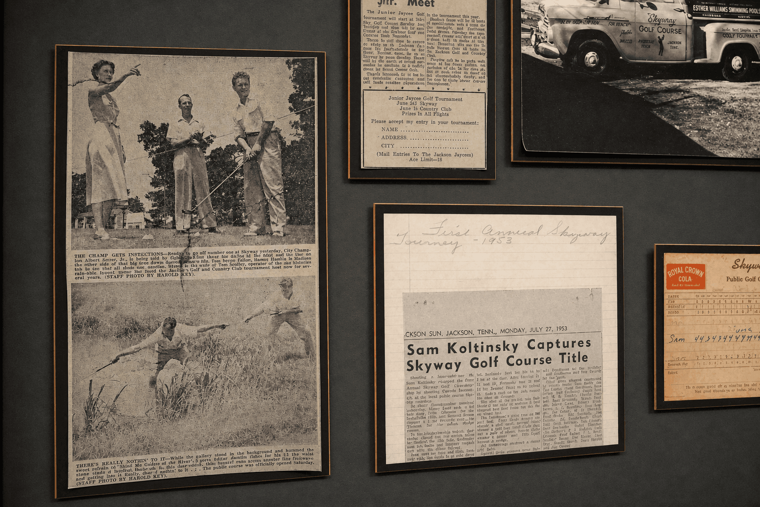 Framed newspaper clippings and photographs documenting the early history of Skyway Golf Course in Jackson, Tennessee.