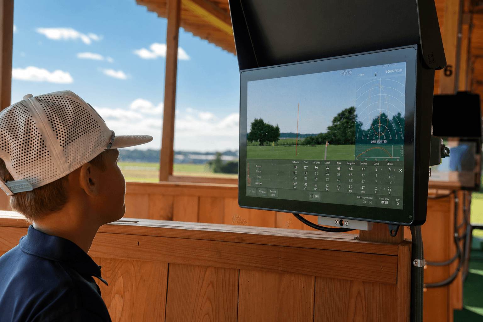 Reviewing Toptracer shot data on bay screen